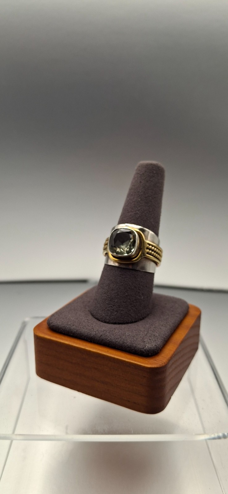 Vintage 925 Sterling Silver Brass Prasiolite Statement Ring Size 9.5 India 7.9g