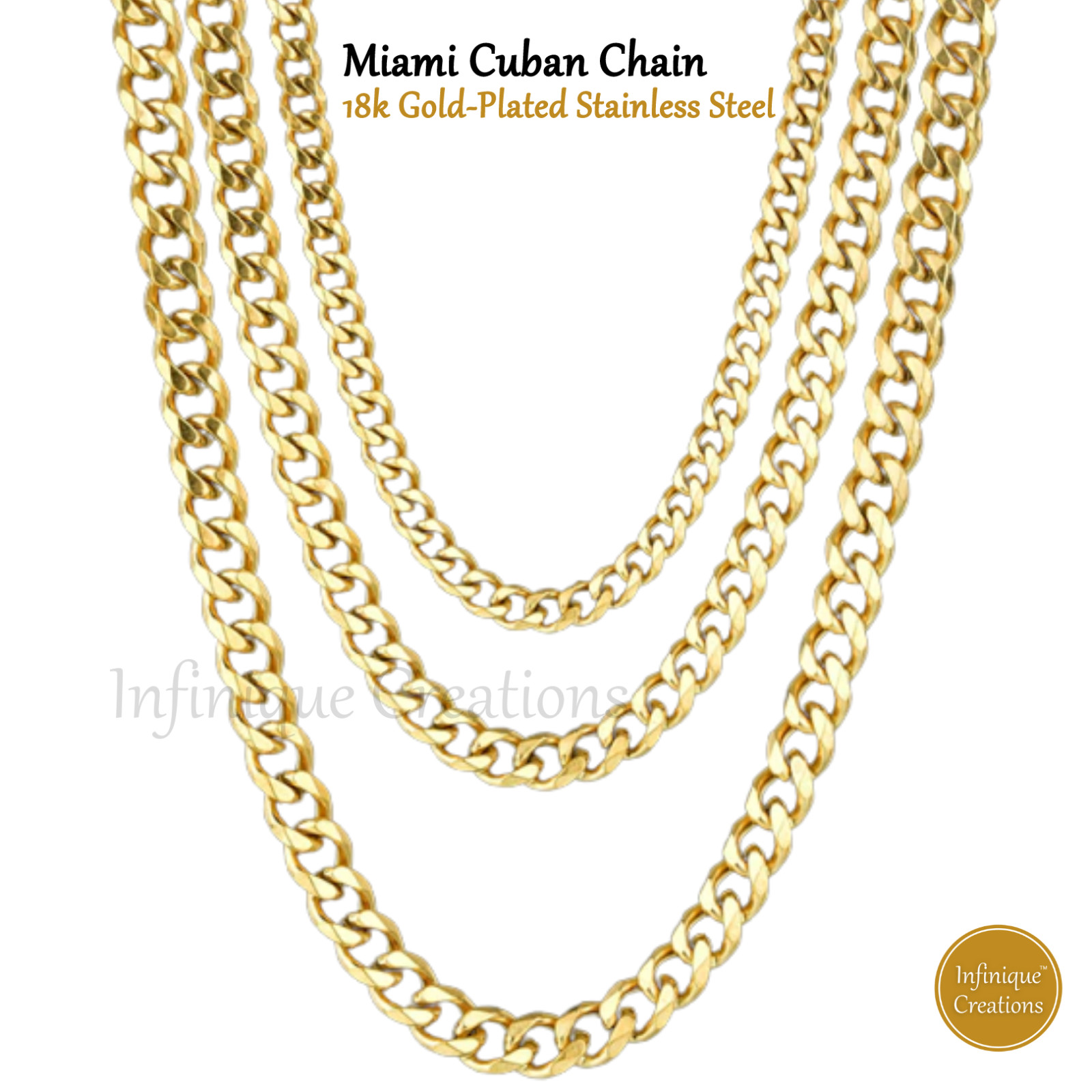 Stainless Steel Miami Cuban Link Chain 18K Gold Plated 7-38″ Bracelet Necklace