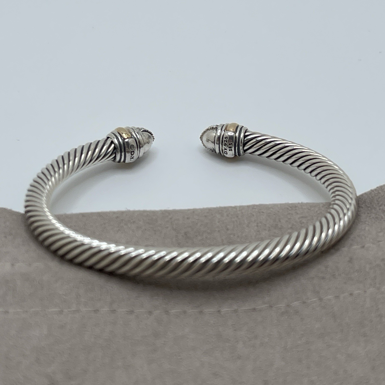 David Sterling Silver & 14K Gold 5mm Cable Cuff Bracelet Diamond Tips