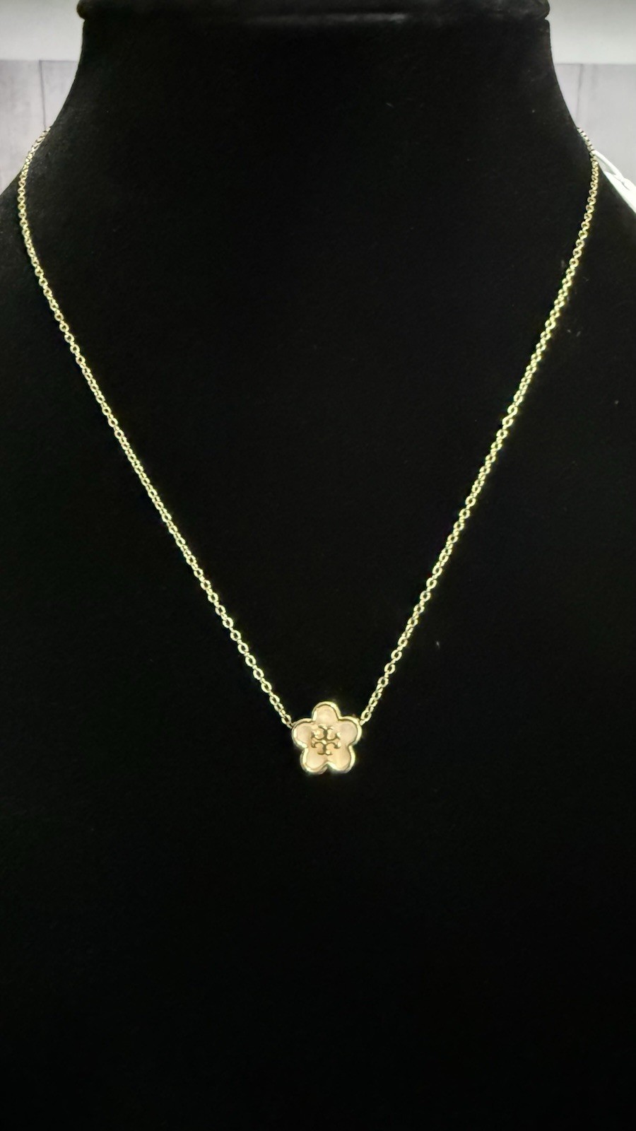Tory Burch Gold Tone Flower Charm Pendant Necklace, Cable Chain, Spring Ring