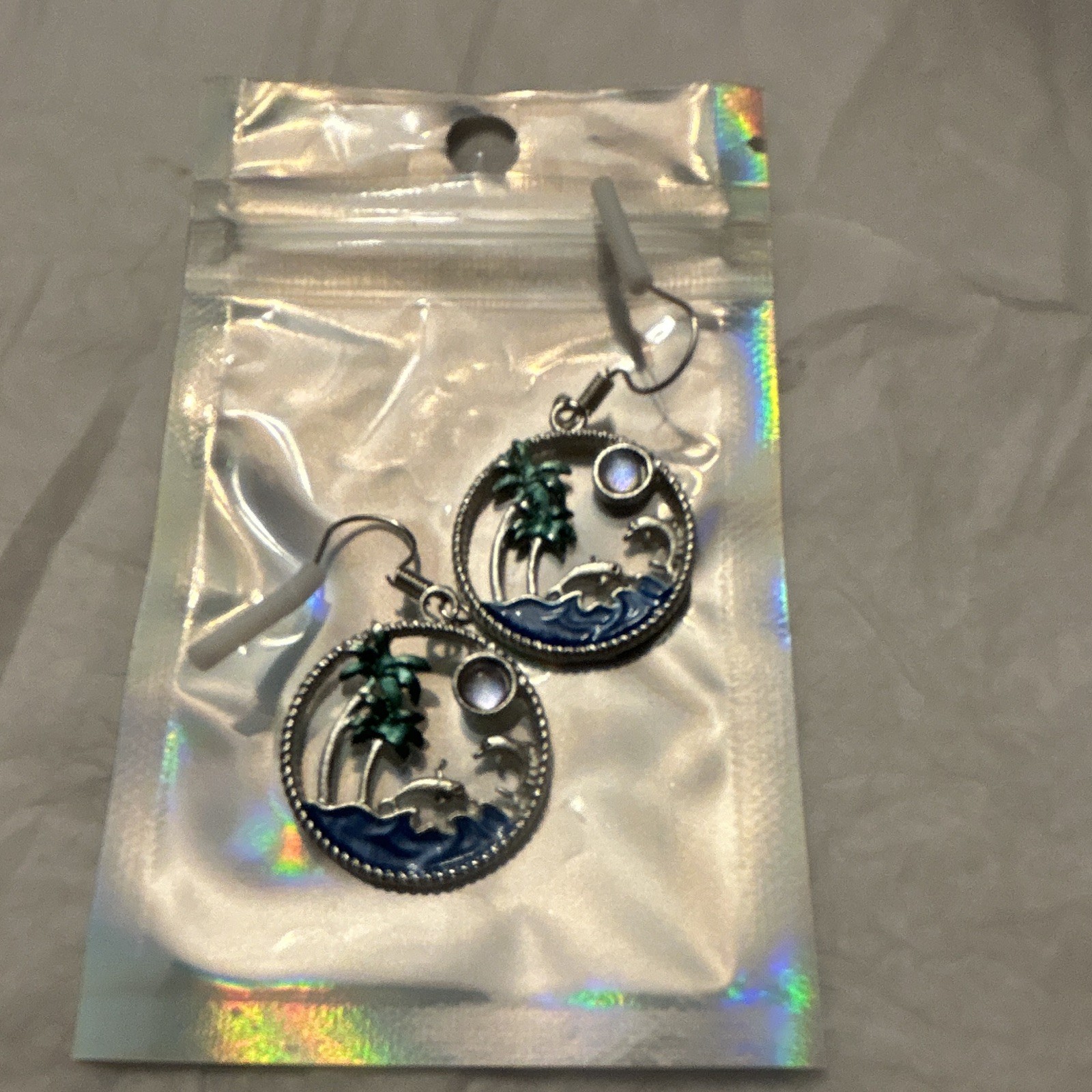Dolphin Silver Tone Round Dangle Drop Hook Earrings