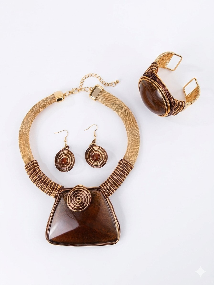 Exquisite 3-Piece Statement Jewelry Set Dark Gold Bohemian Chunky Necklace Set