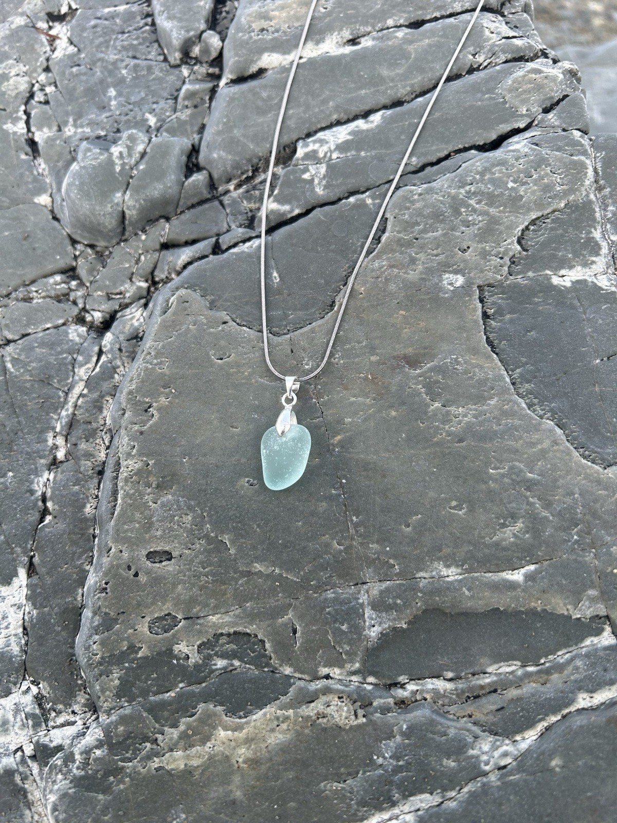 Genuine Pale Blue Sea Glass Necklace Stainless Steel 18 Inch