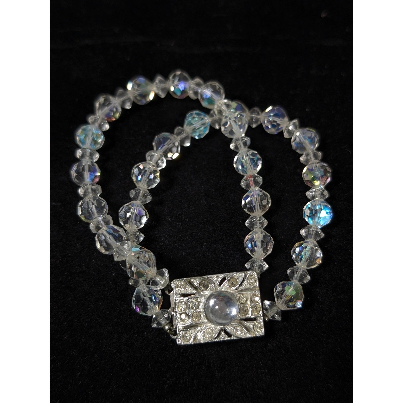 Vintage Aurora Borealis Glass Bead Double Strand Bracelet Silver Tone 6.5 In