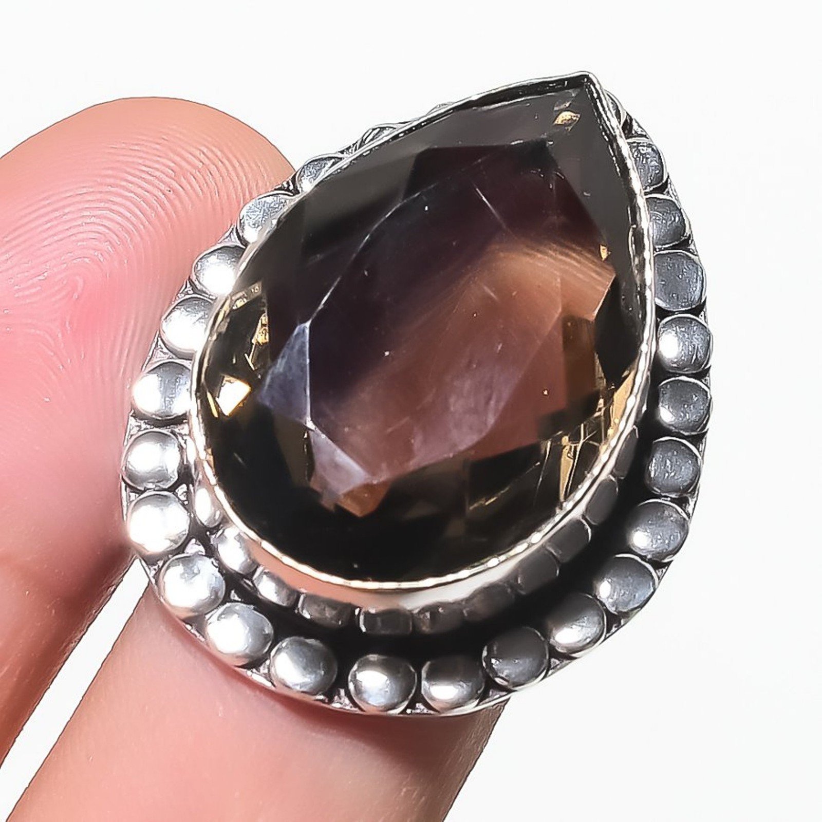 Faceted Smoky Quartz Pear Shape Gemstone Fashion Adjustable Jewelry Ring SR 2342