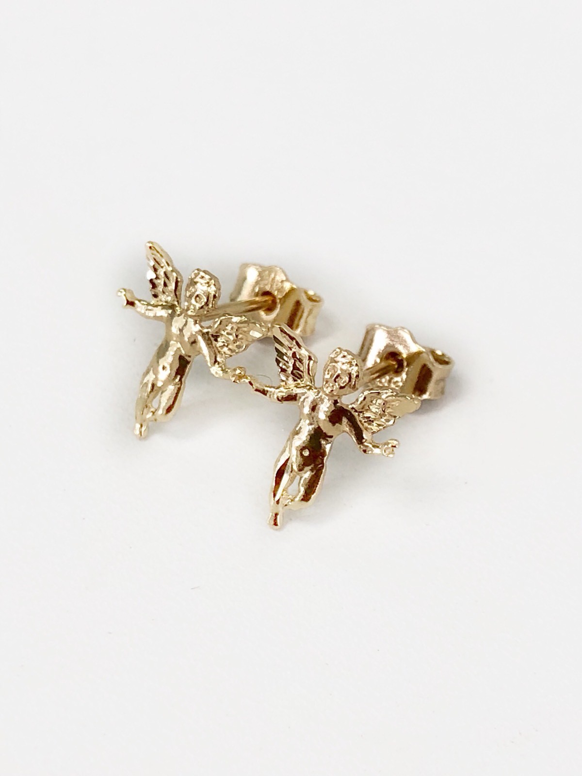 14k Solid Yellow Gold Angel Stud Earrings Push Back