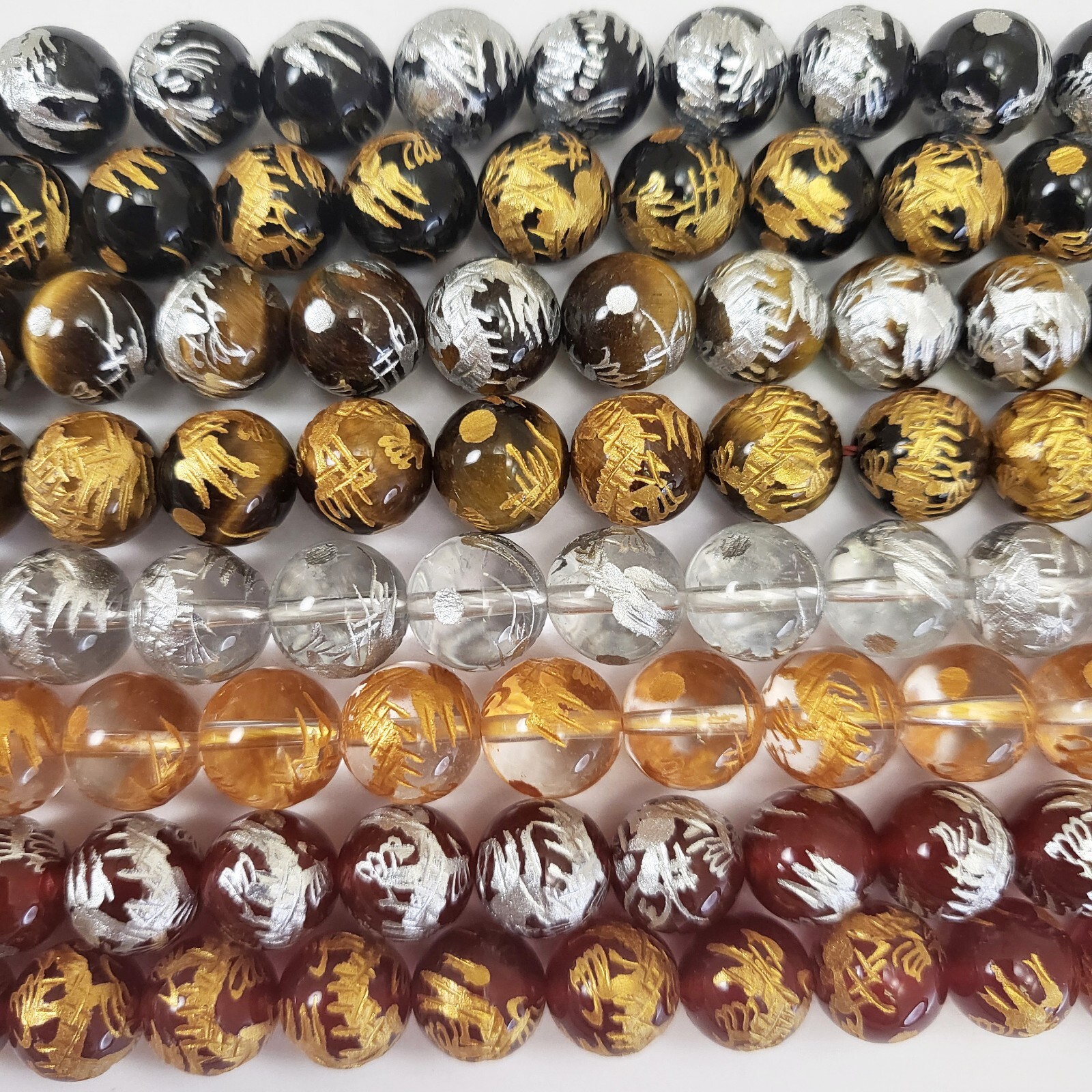 Gold Dragon Ball Gemstone Curved Dragon Round Beads Onyx, Crystal 10mm 12mm 14mm