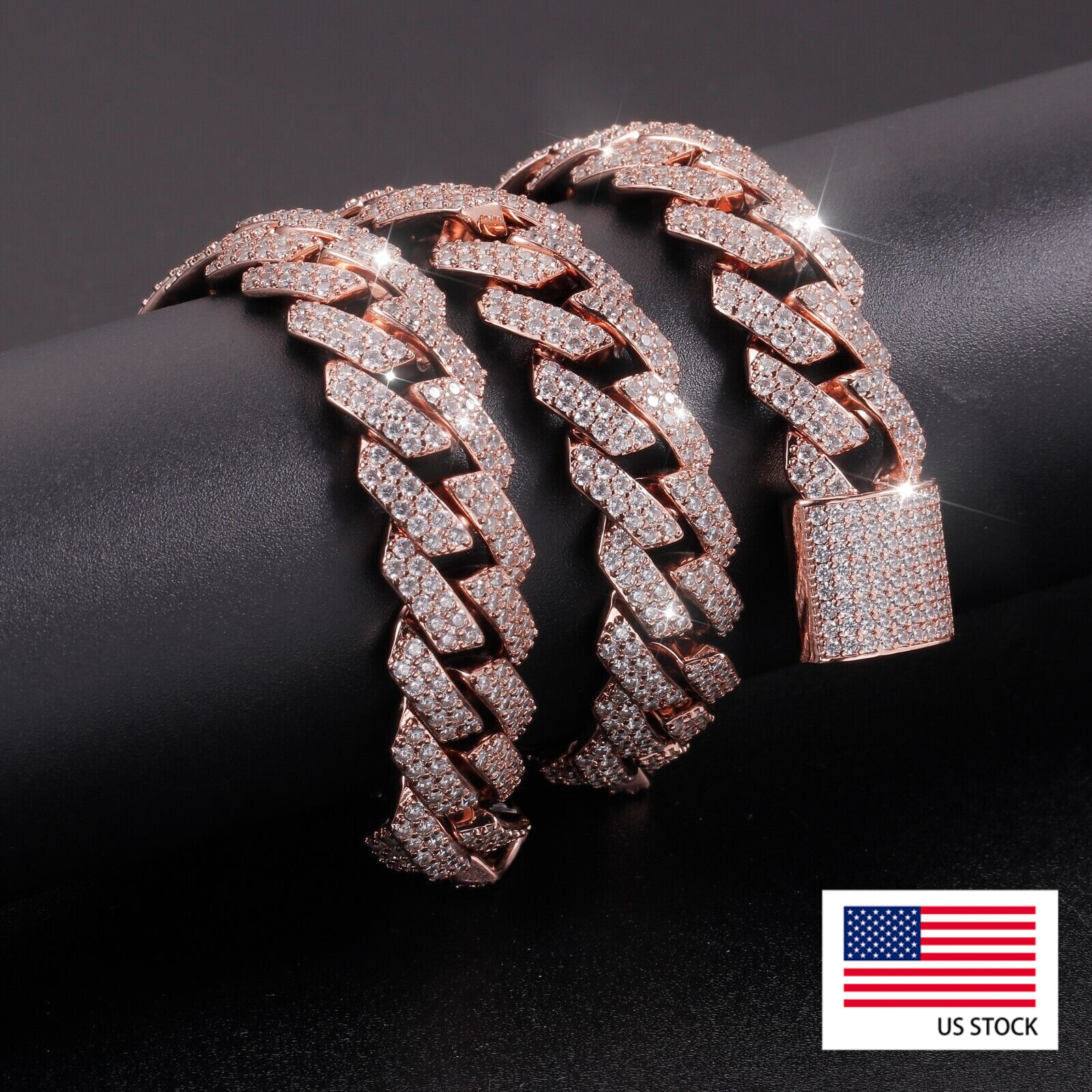 15MM Iced CZ Miami Chain For Men Cuban Link Bracelet Rose Gold Plated Necklace