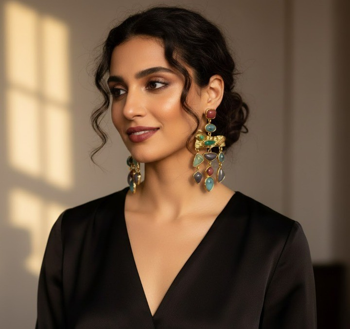 Vintage Boho Multicolor Gold Statement Stone Earrings Birthday gift Vacation