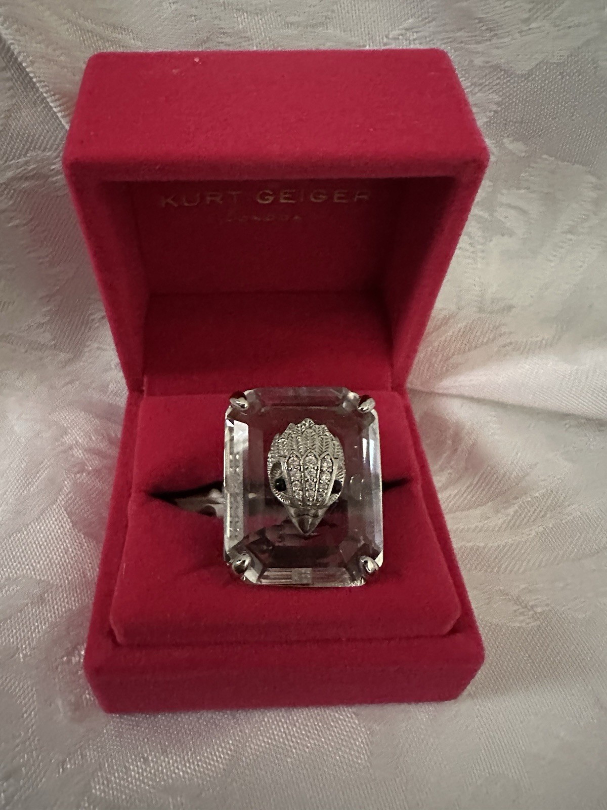 KURT GEIGER LONDON CRYSTAL COCKTAIL SQUARE RING L SZ 8 RED VELVET BX NEW