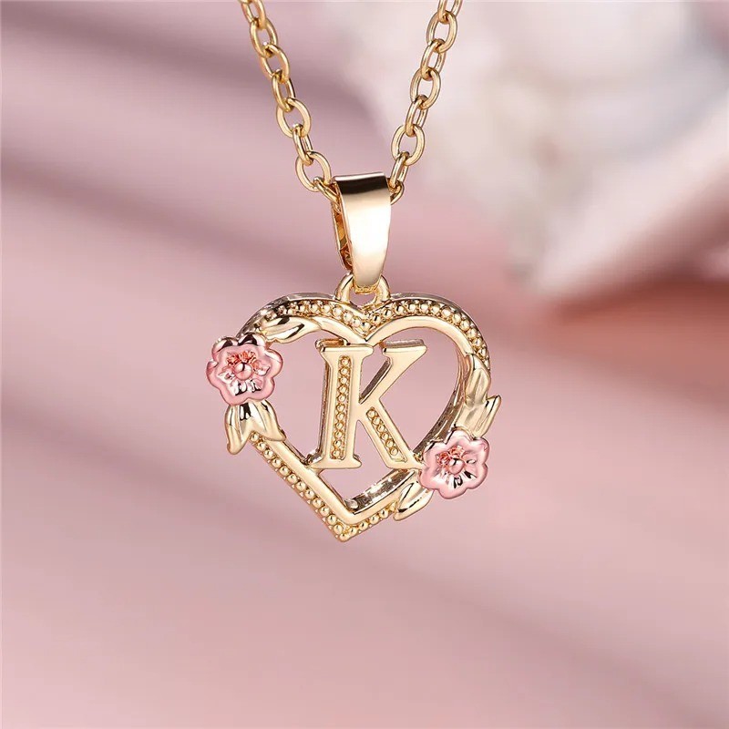 Gold Initial Letter Flower Pendant Necklace For Women Girls A-Z Alphabet Gift