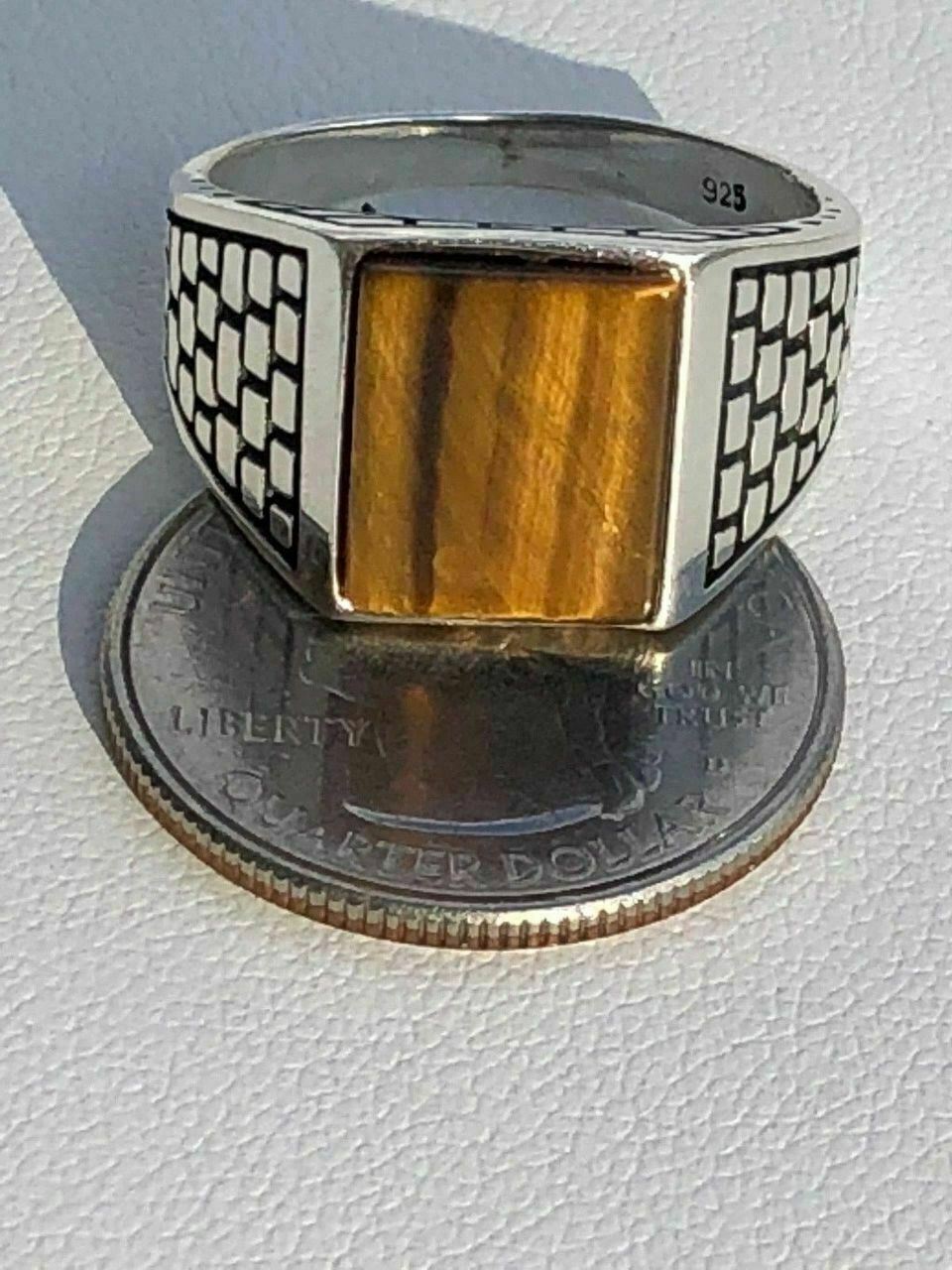 Mens Real Solid 925 Sterling Silver Tiger Eye Square Ring Size 7 8 9 10 11 12 13