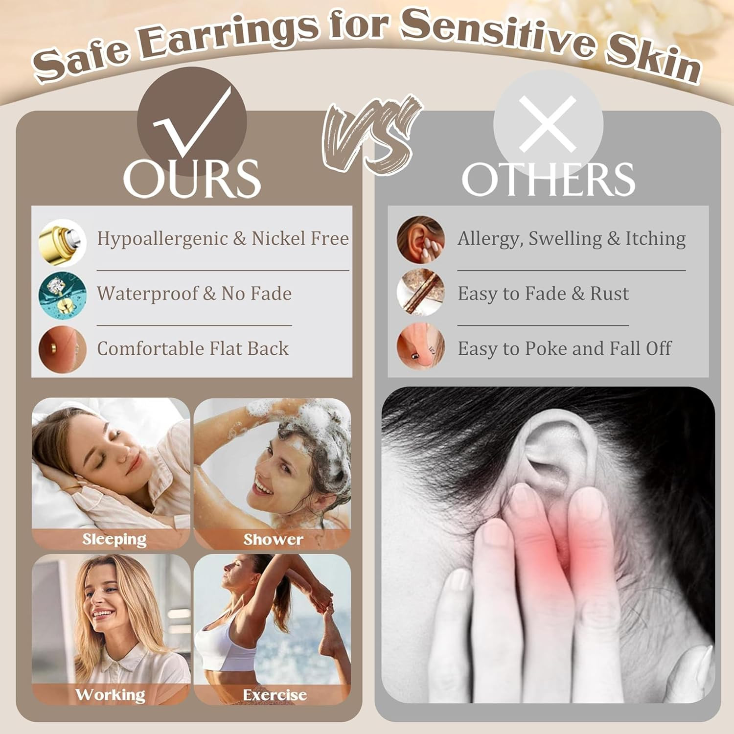 Hypoallergenic Flat Back Earrings for Women Trendy 20G Surgical Stainless Steel
