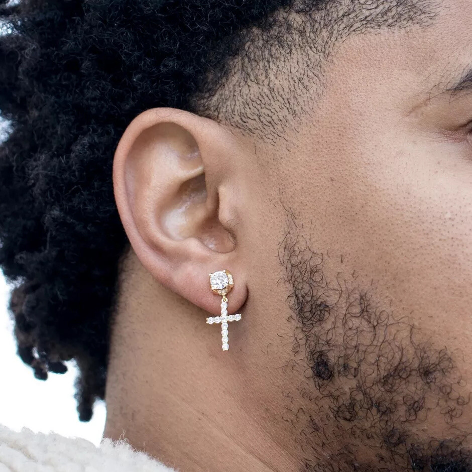 Iced Men Gold Plated Sterling Silver Round Stud Cross Dangle Drop Hoop Earrings