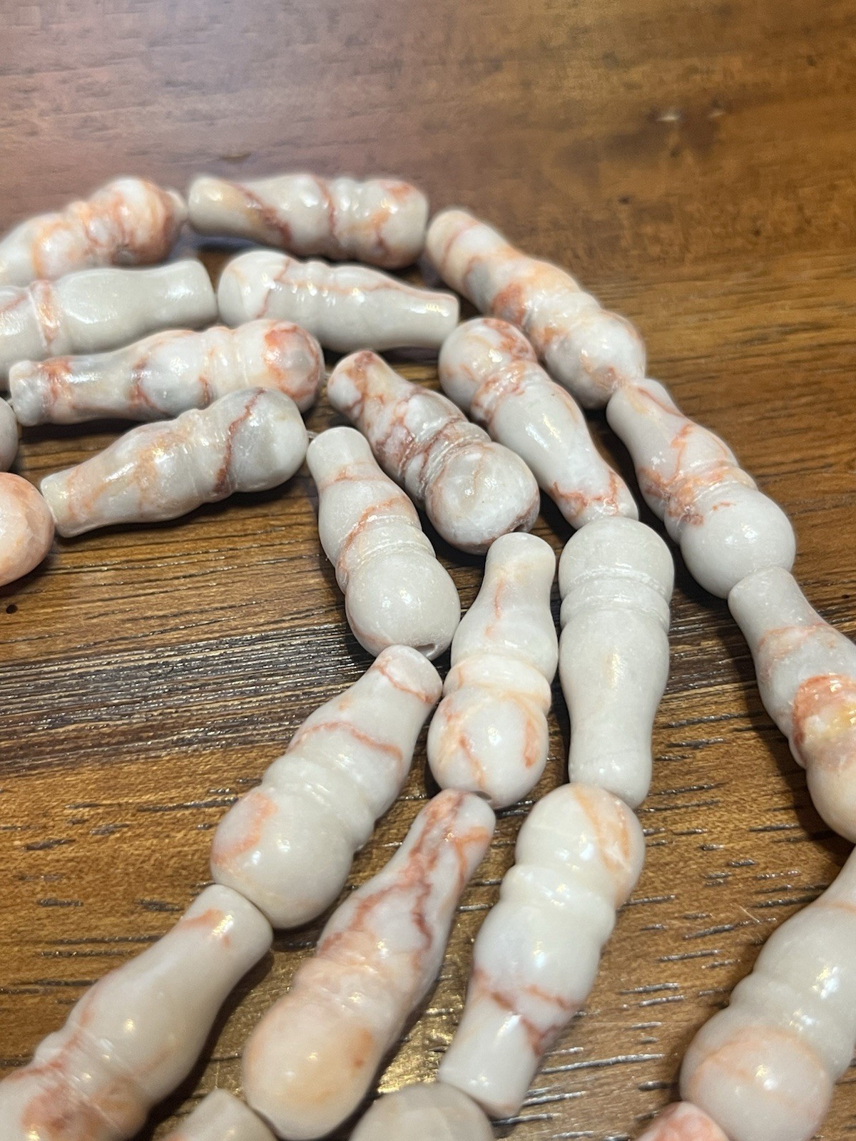 Old Stock Red Stripe Marble Gemstone 30mm Carved Beads 14in Strand