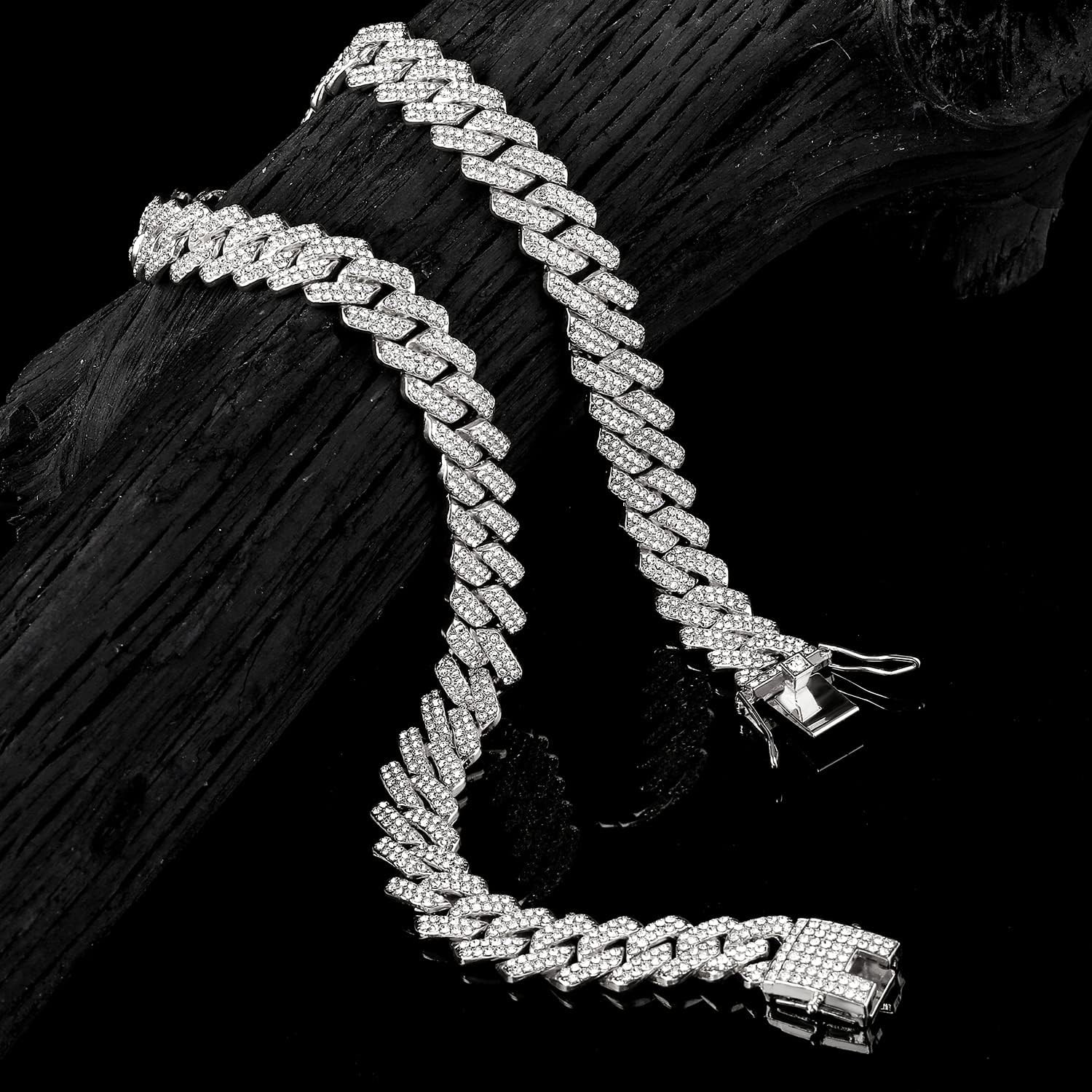 JUNVirtuous Cuban Link Chain Mens Iced Out Miami 18 inch Silver Necklace