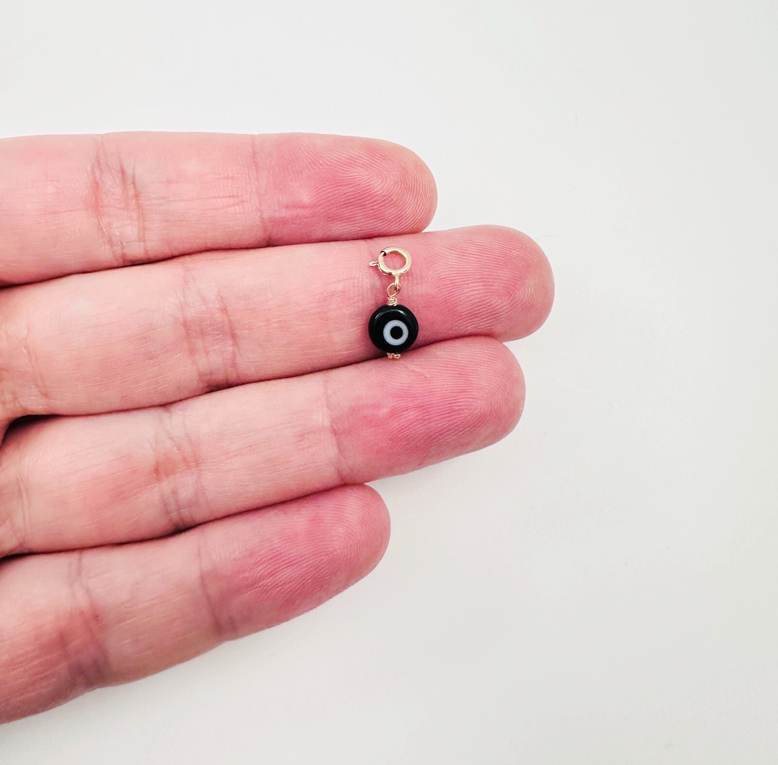 14K Solid Yellow Gold Millefiori Glass Black Evil Eye Charm Pendant Spring Clasp