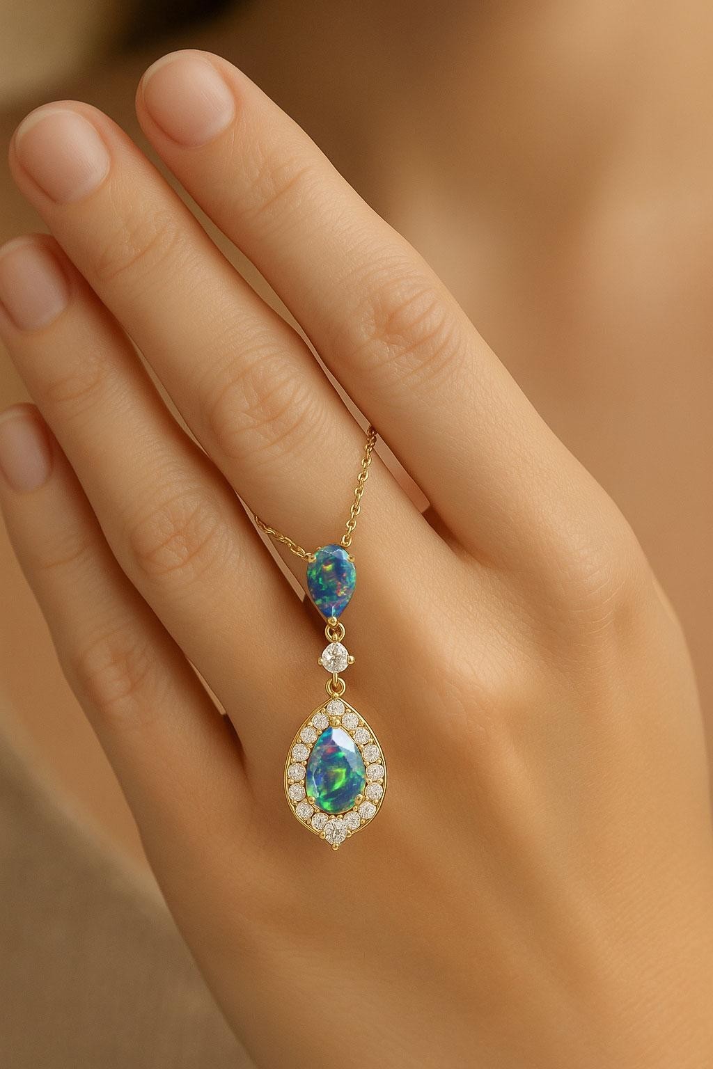 AAA Black Opal Gemstone Long Charm Pendant, Genuine Opal Chain Pendant Necklace