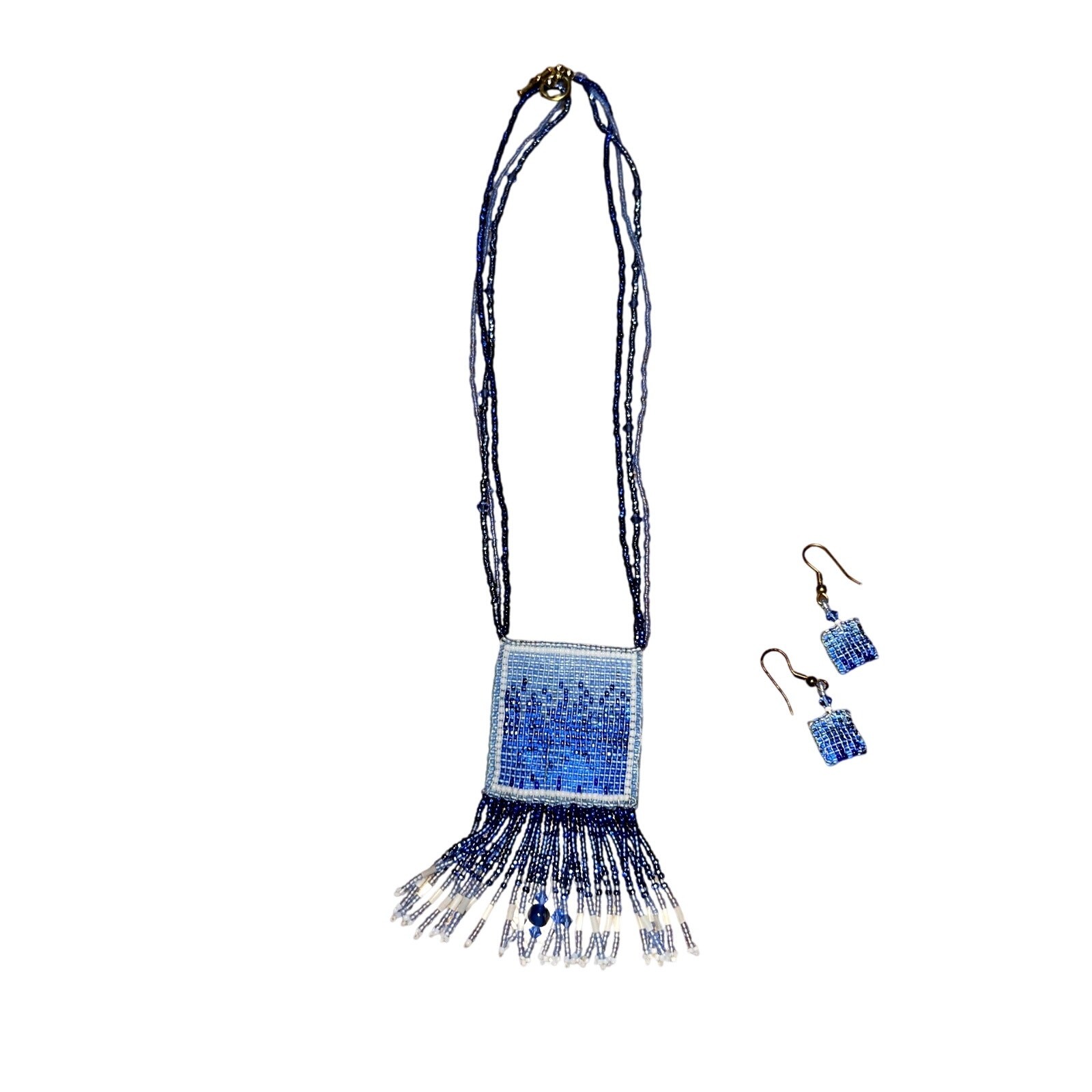 American Vintage Hand Beaded Necklace and Earrings Set Blue Ombre