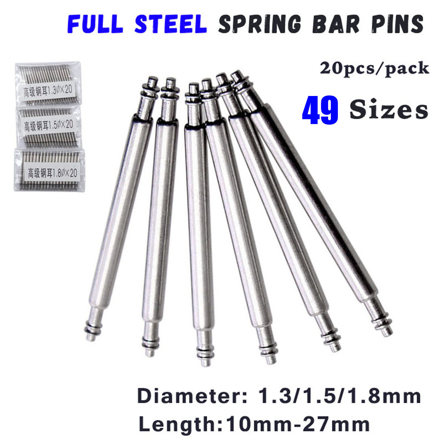 20pcs 1.3mm 1.5mm 1.8mm Solid Stainless Steel Watch Band Spring Bar Pins 10-27mm