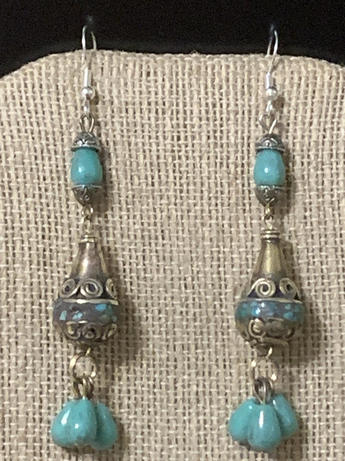 NEW ITEM* HANDCRAFTED NEPAL BEAD &TURQUOISE EARRINGS*-.925 STERLING EAR WIRE-NEW