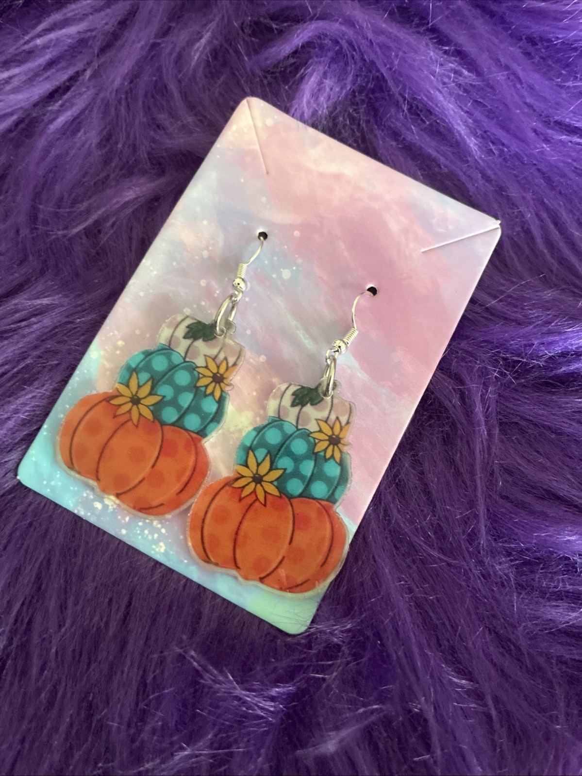 Autumn Acrylic Pumpkin Shaped Drop Style Earrings. Perfect For Halloween, Fall