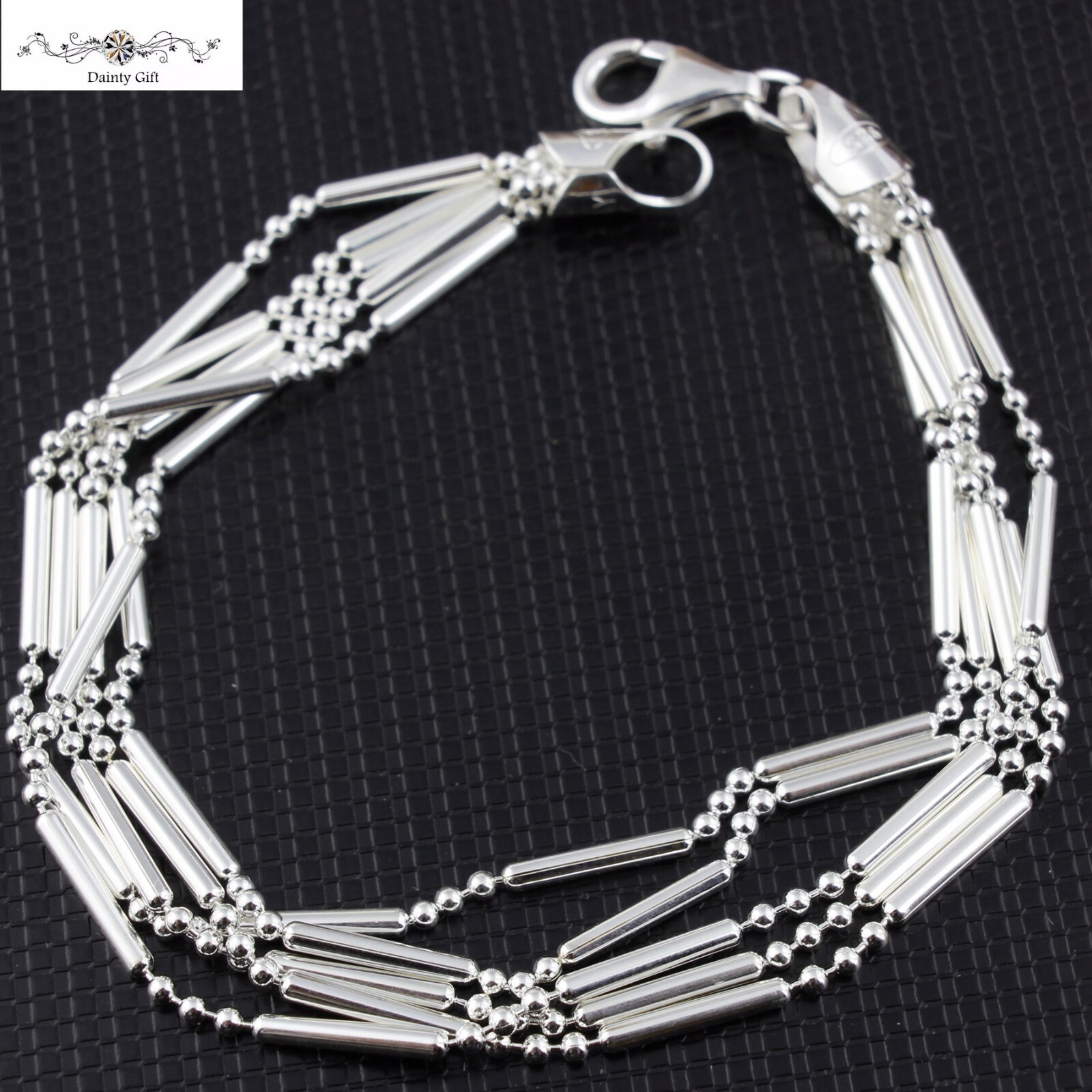 Women Italy 925 Sterling Silver Bar and Ball Bead Multi chains Hand Bracelet 8″