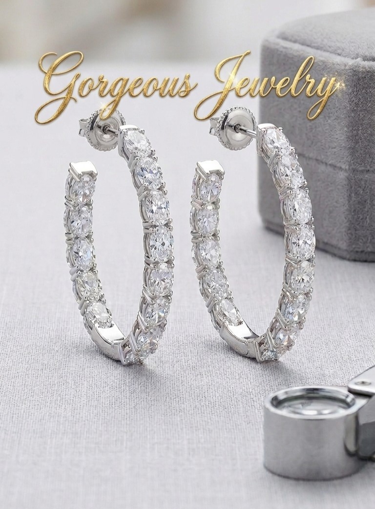 White Topaz Inside Out Hoop Earrings 6x4mm Oval Push Back Iced Out Made In USA