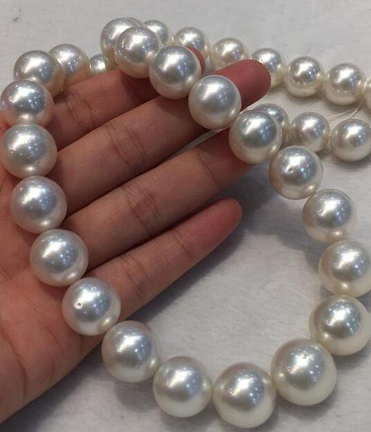 HUGE 17″12-15MM NATURAL SOUTH SEA GENUINE ROUND WHITE PEARL NECKLACE DDAA