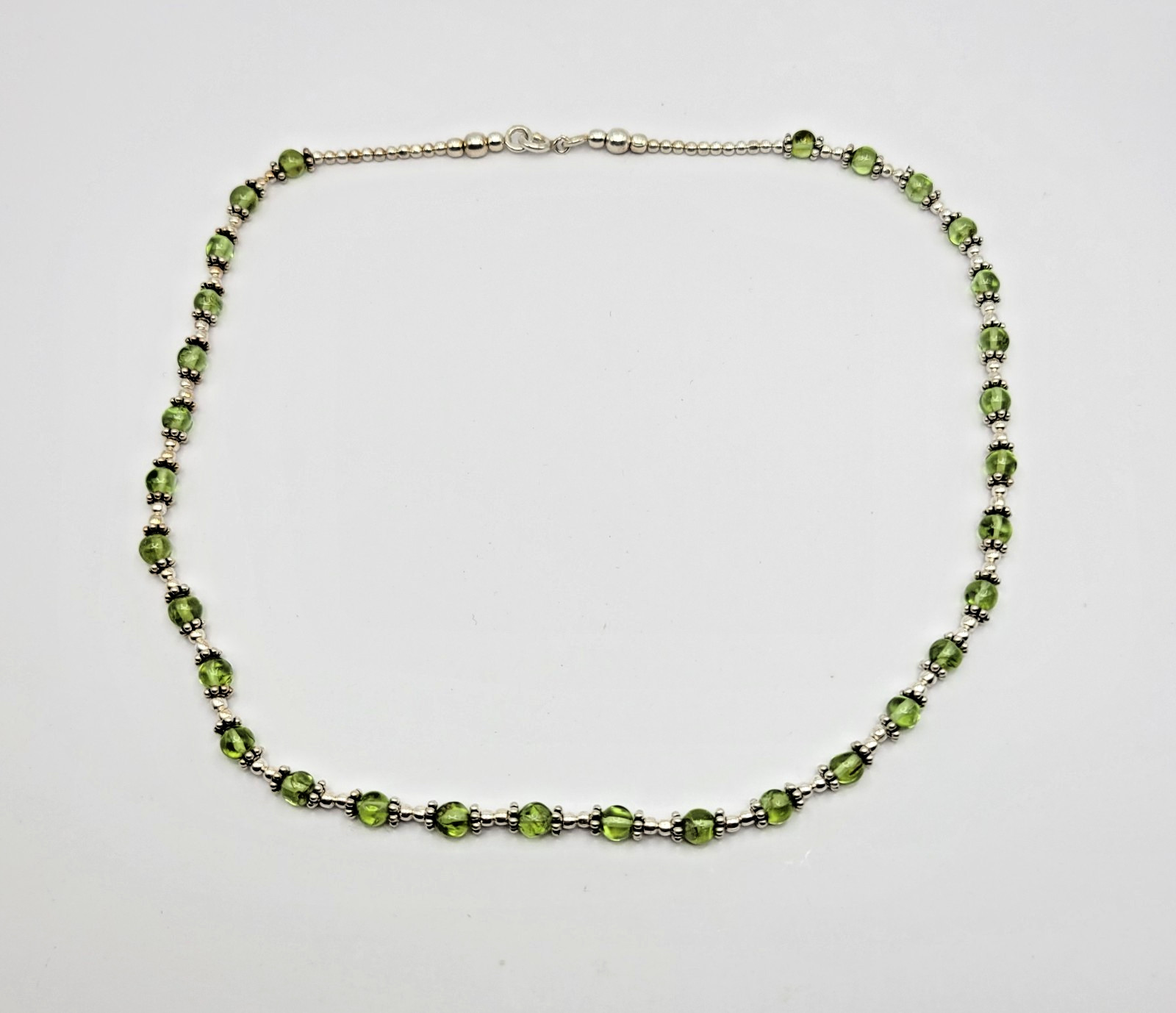 Sterling Silver 4.5mm Peridot Bead Bali Station Necklace ~ 16″