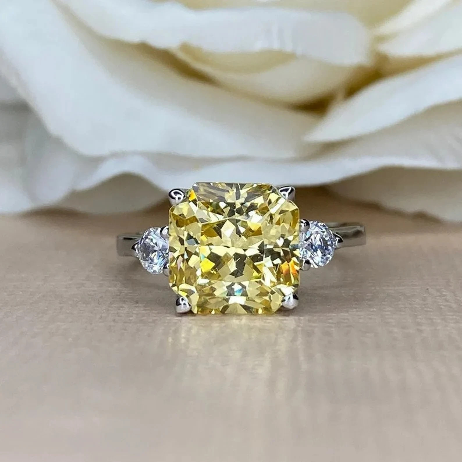 4.5Ct Asscher Cut Natural Yellow Sapphire Diamond Wedding Ring 14K White Gold 7