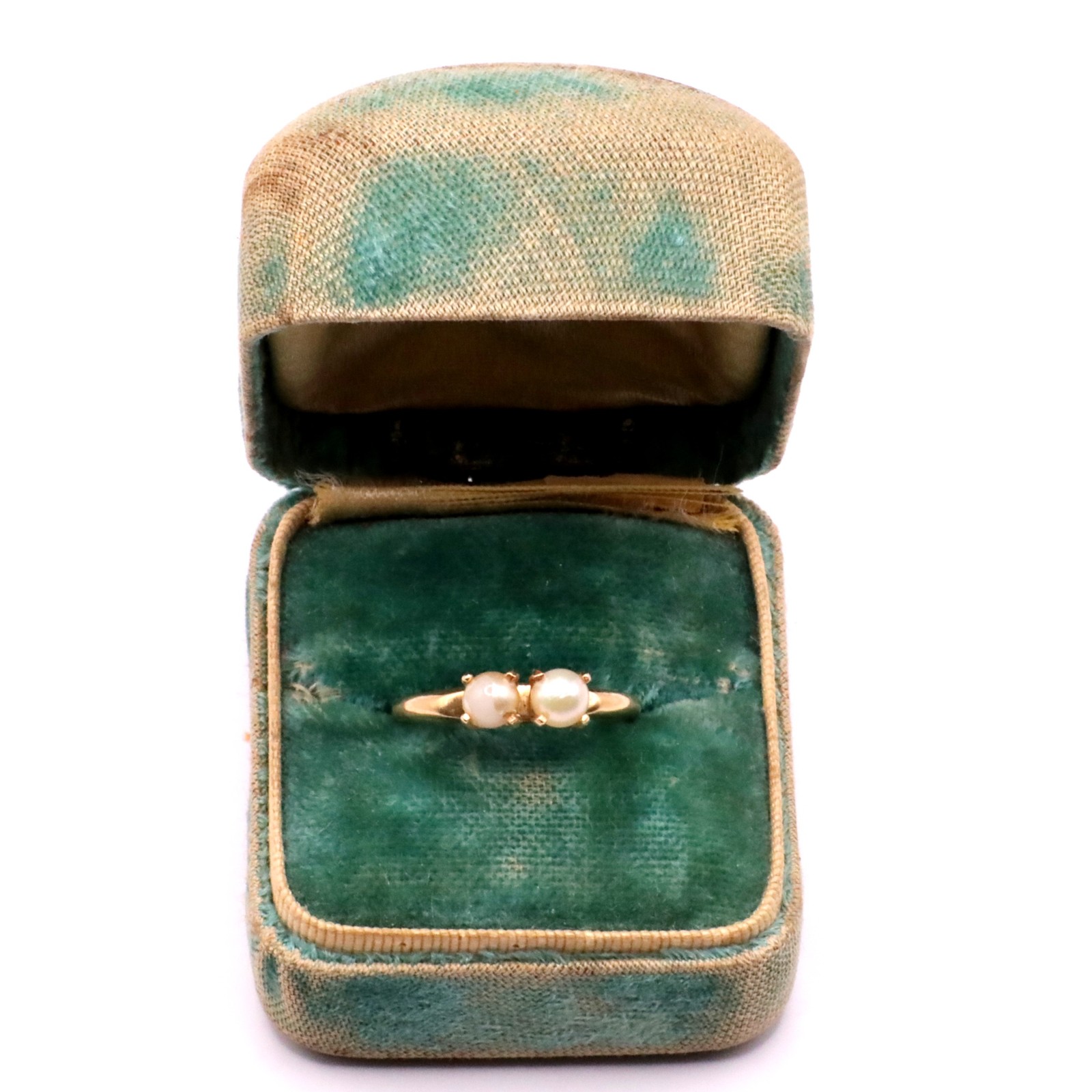 14K Twin Akoya Saltwater Pearls Ring-Gold-Natural-4mm Each-1.3mm Band-Vintage