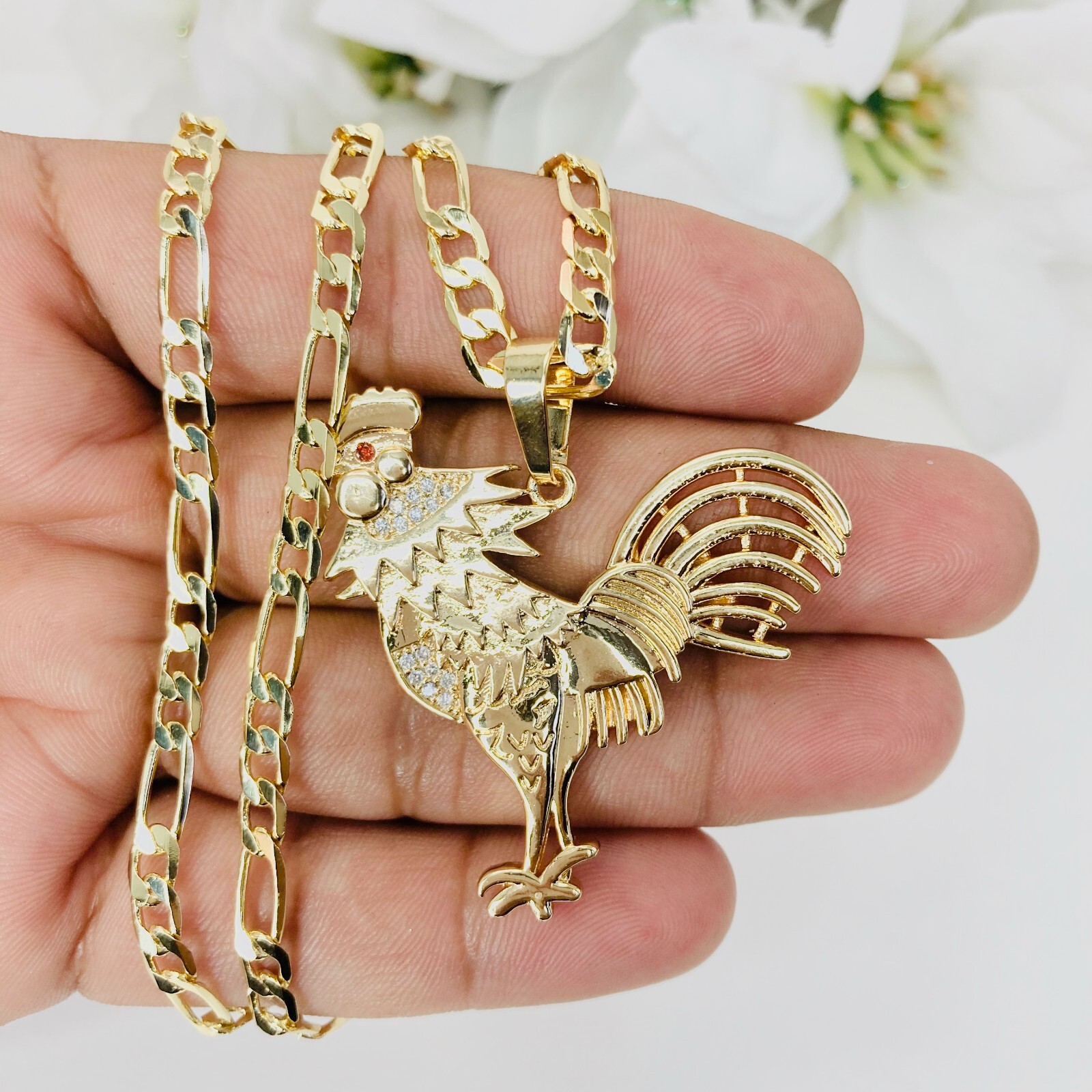 14k Gold Plated Rooster Necklace Figaro, Rope,Cuban Chain 24″ Collar Gallo