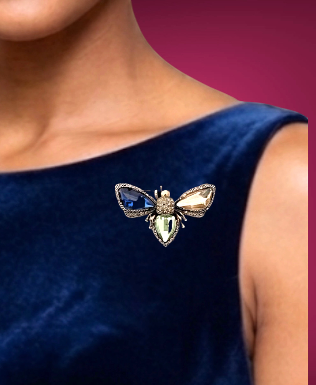 1.7/8” Wide Light Green, Navy & Champagne Crystals Bee Fly Golden Brooch Pin