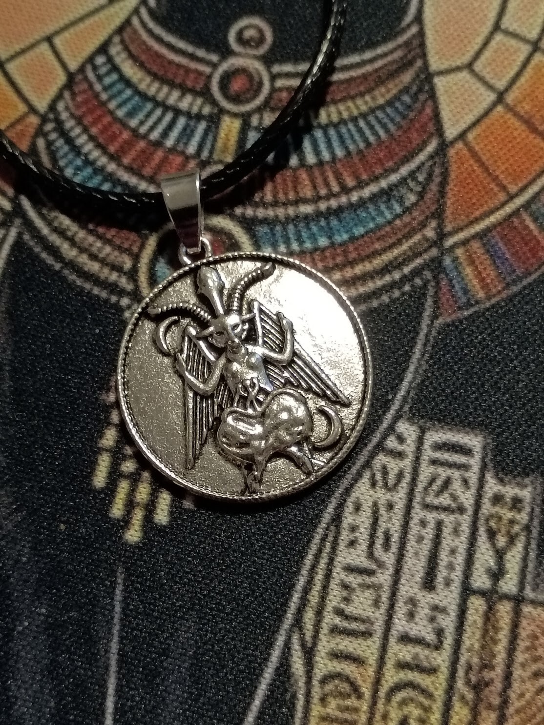 ~Stunning Baphomet Faux Leather Silver Tone Necklace Healing Wicca Pagan 18″