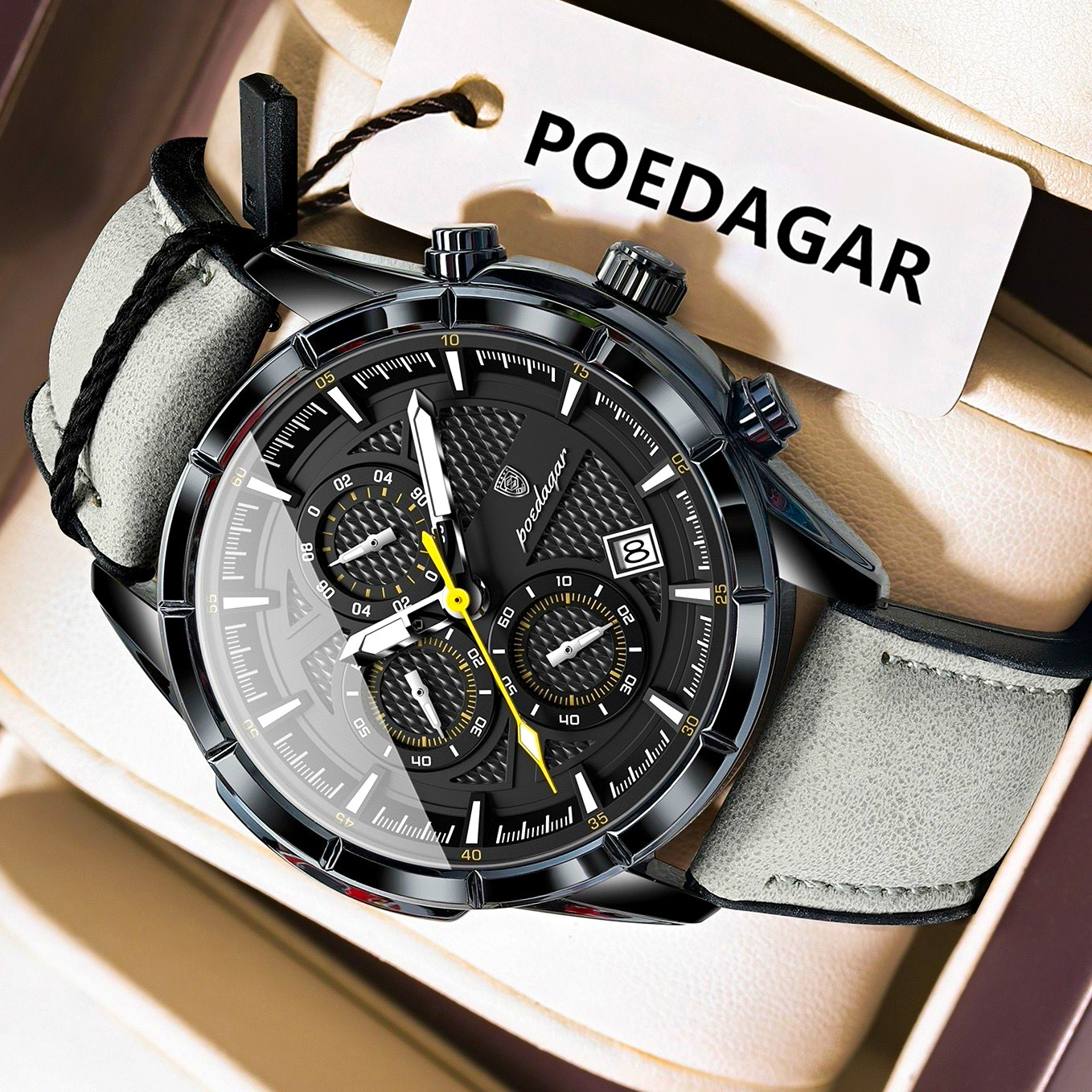 POEDAGAR Men’s Quartz Chronograph Date Luminous Analog Watch Black Leather