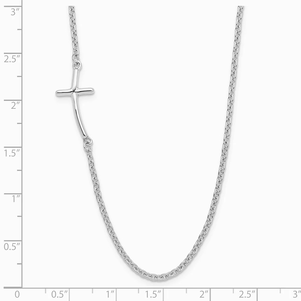 Sterling Silver Rh-Plated Small Off-Set Sideways Curved Cross Necklace