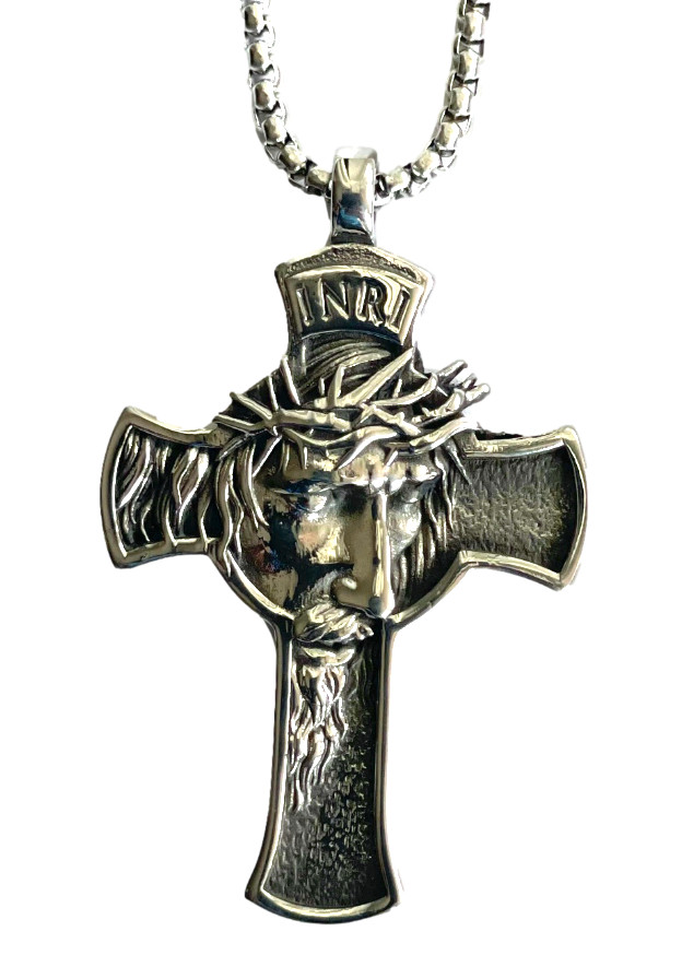 DEZILOO Men’s Stainless Steel Jesus Christ Face Cross Crucifix Pendant Necklace