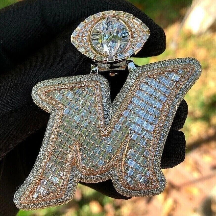 4.70Ct Natural Moissanite Baguette Men’s Pendant Real 10K Yellow Gold