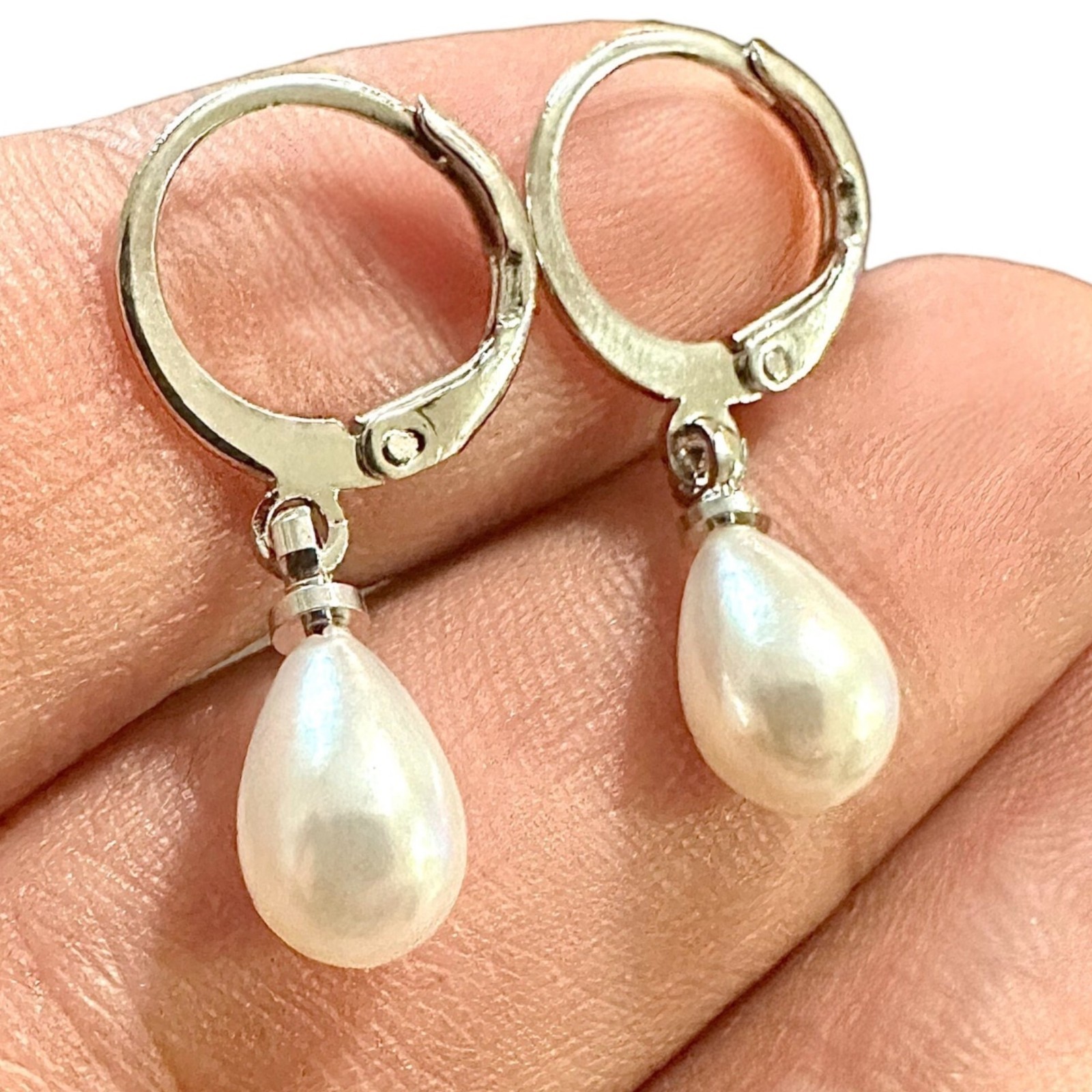 Pearl Drop Earrings 8mm Simulated Pearl Silver Plated Huggie Dangle