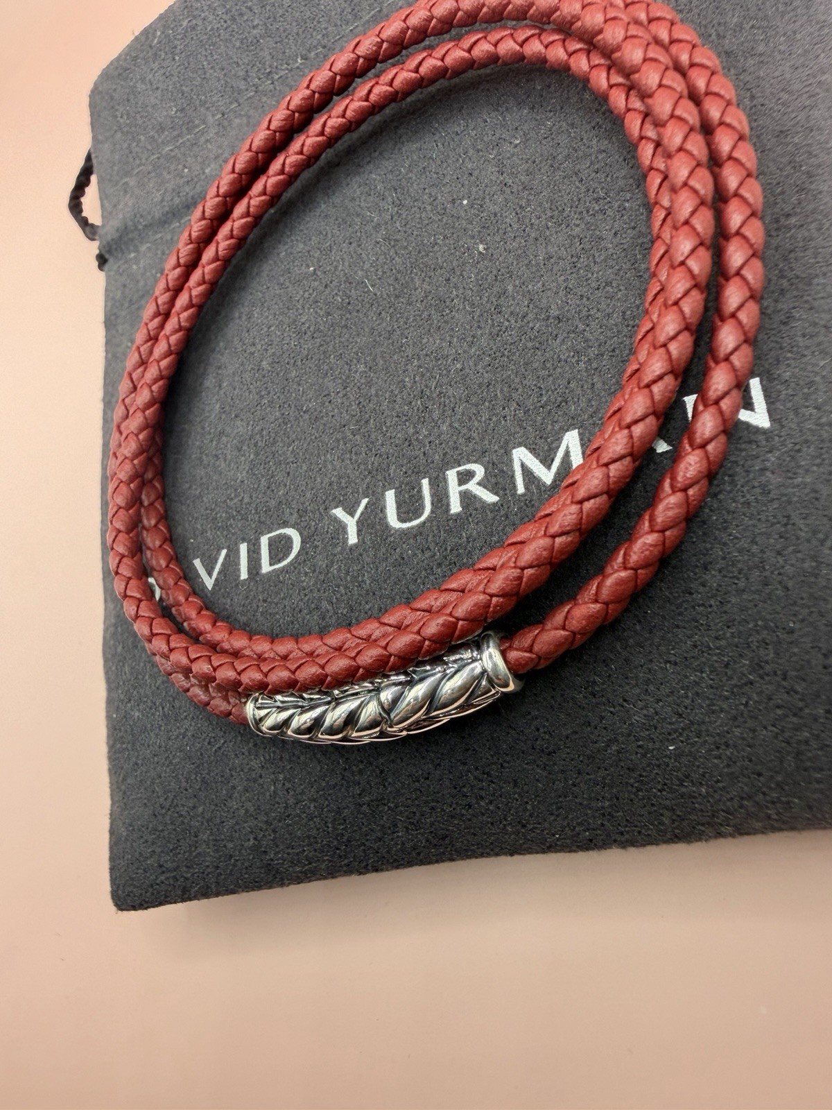 David Yurman Sterling Silver Leather Chevron Triple Red Wrap Bracelet Medium