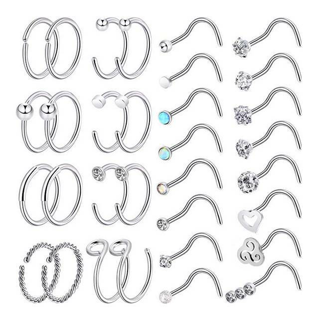 32PCS/LOT Nose Hoop & L/Bone/Screw Shaped Nose Studs Ear Lip Ring Piercing 20G