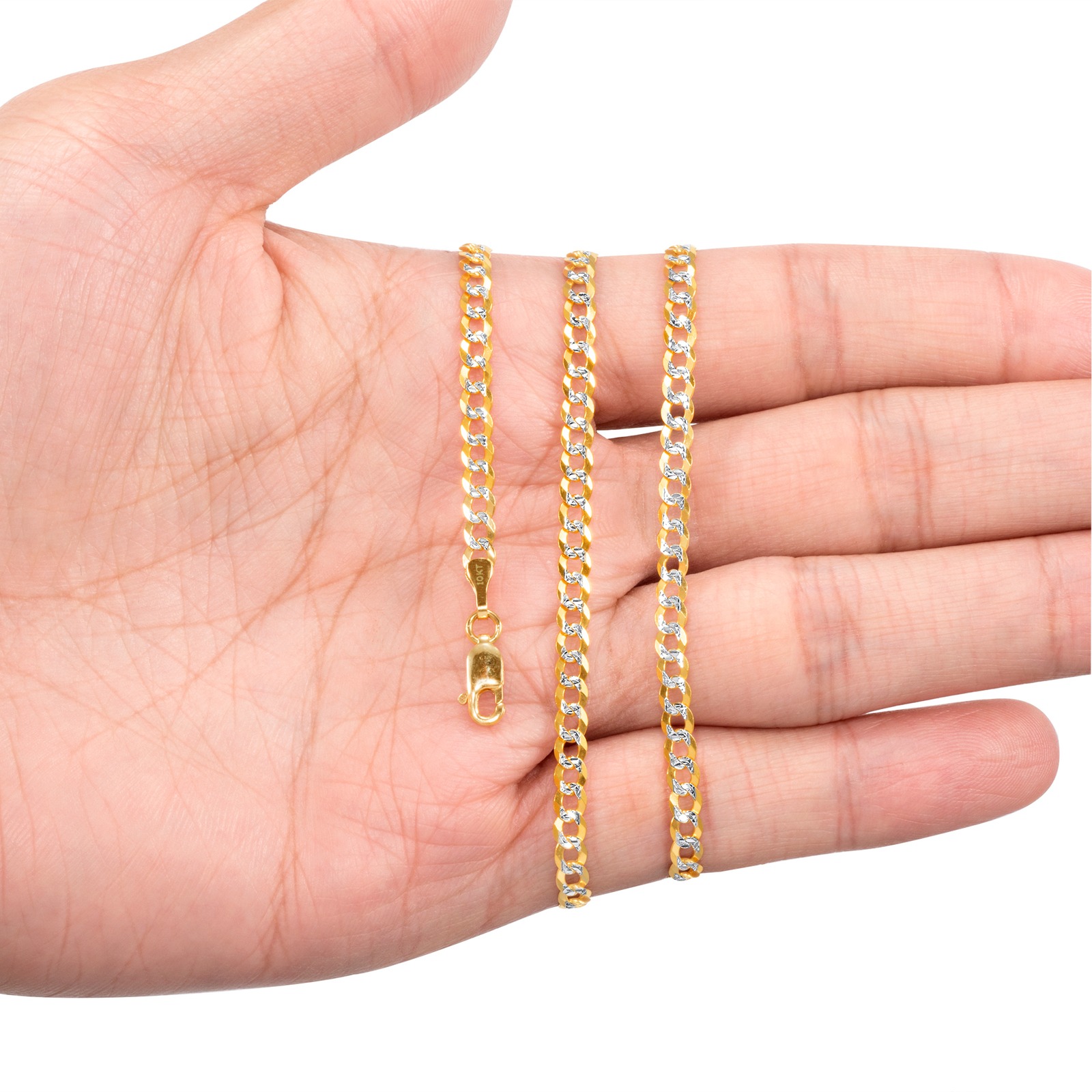 10K Solid Gold 2-12mm Diamond Cut Pave Curb Chain Cuban Necklace Bracelet 7″-30″