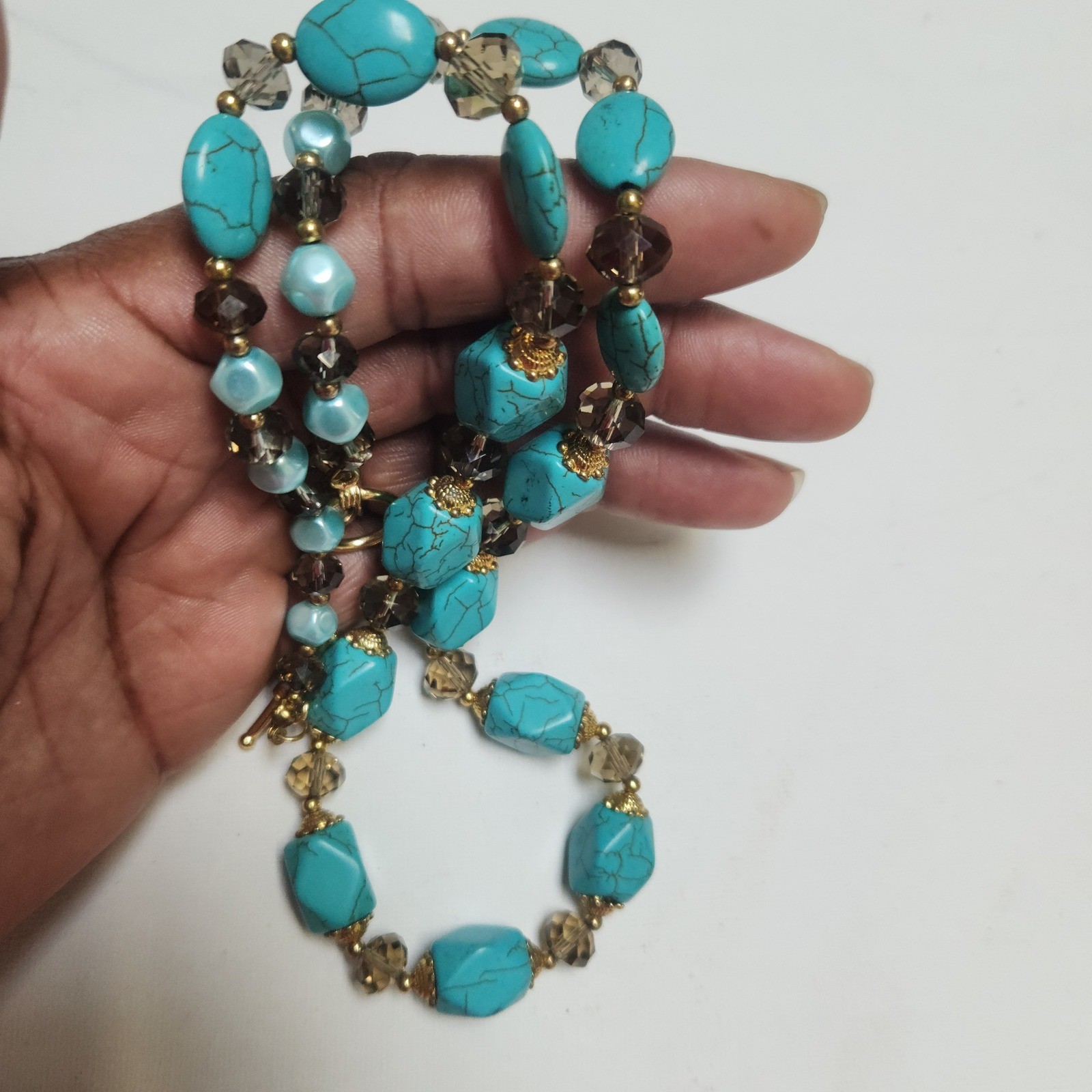 Stone Necklace Turquoise color Gold Tone Toggle Smoky Crystal 24 Inch