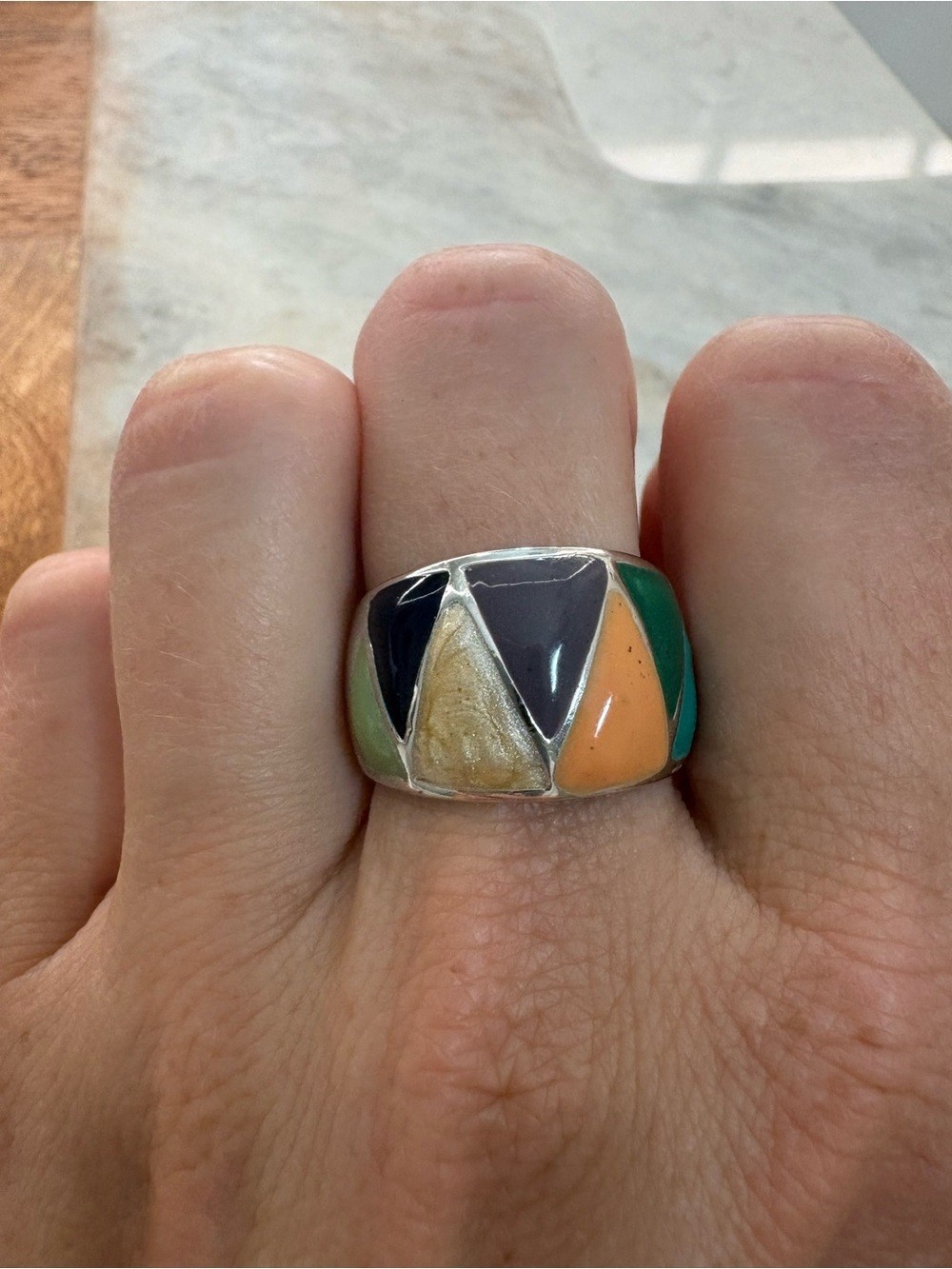 Multicolor Geometric Inlay Ring Green, Orange, Cream, Blue, Purple – Size 8.5
