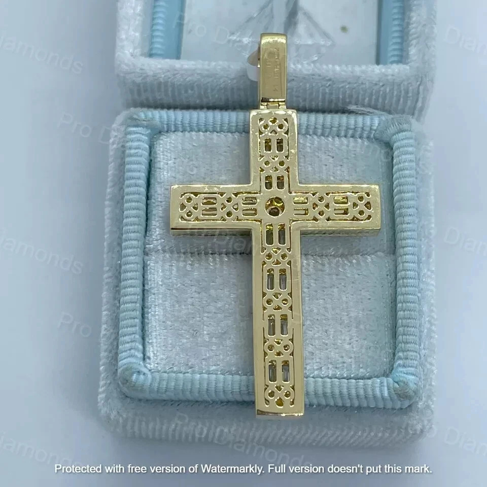 Real Moissanite 2.50Ct Baguette Cut Cross Pendant 14K Yellow Gold Silver Plated