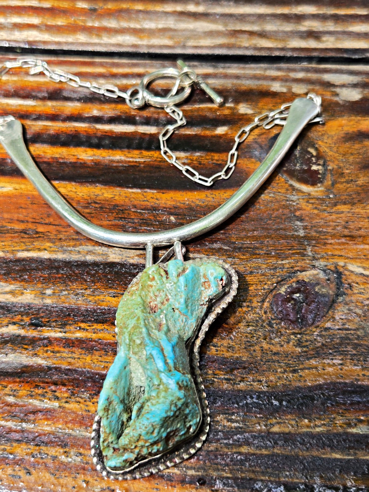 Handcrafted Silver Turquoise Freeform Bezel Pendant Necklace Cable Chain