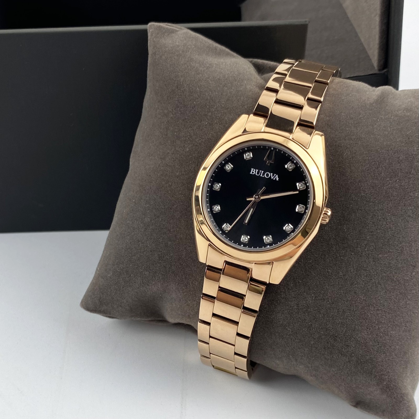 Bulova Surveyor 97P156 Womens Quartz Watch Grey Dial Rose Gold Diamond Stainless