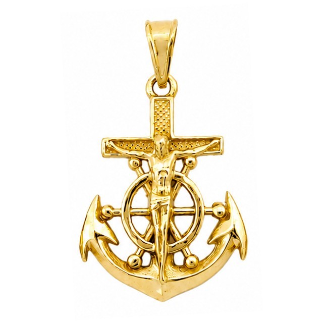 Real 18K Yellow Gold Jesus Anchor Cross Pendant Nautical Mariner Ship Wheel