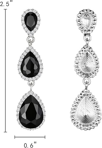 Austrian Crystal Teardrop Pear Shape 2.5 Inch Silver Tone Deep Black French Wire